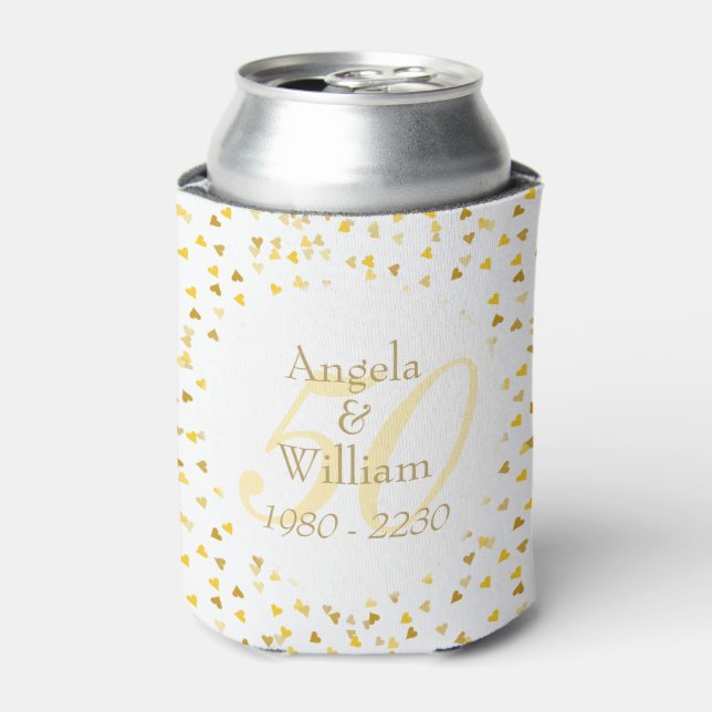 50th Wedding Anniversary Golden Hearts Confetti Can Cooler (Can Front)