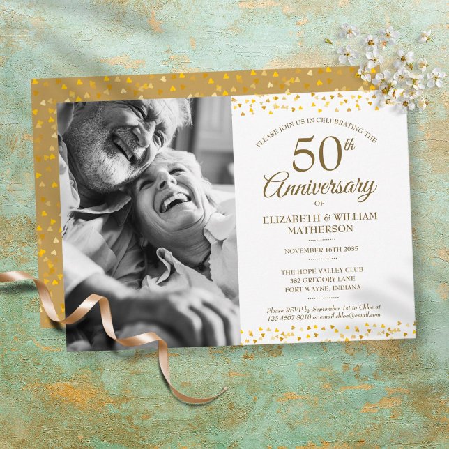 50th Wedding Anniversary Golden Hearts Photo Invitation (Creator Uploaded)