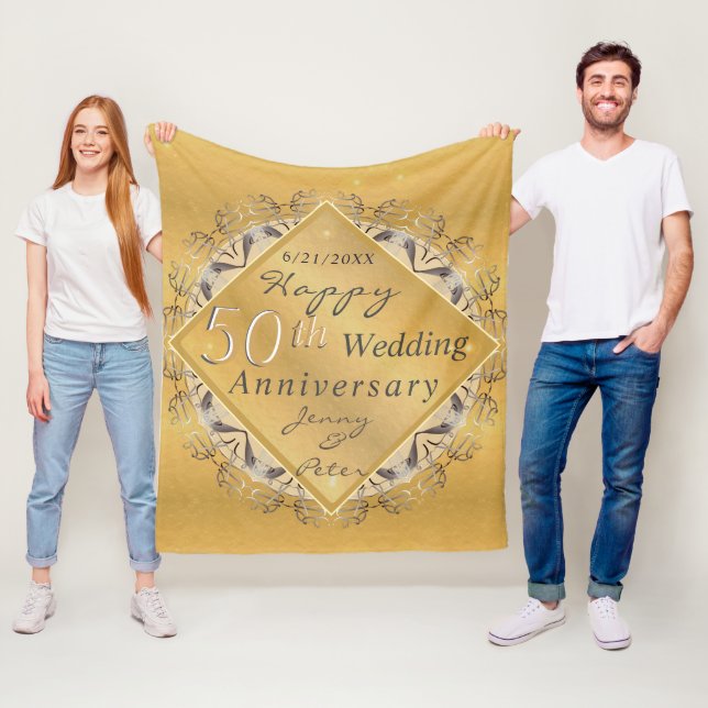 50th Wedding Anniversary Golden Ochre Fleece Blanket (In Situ)