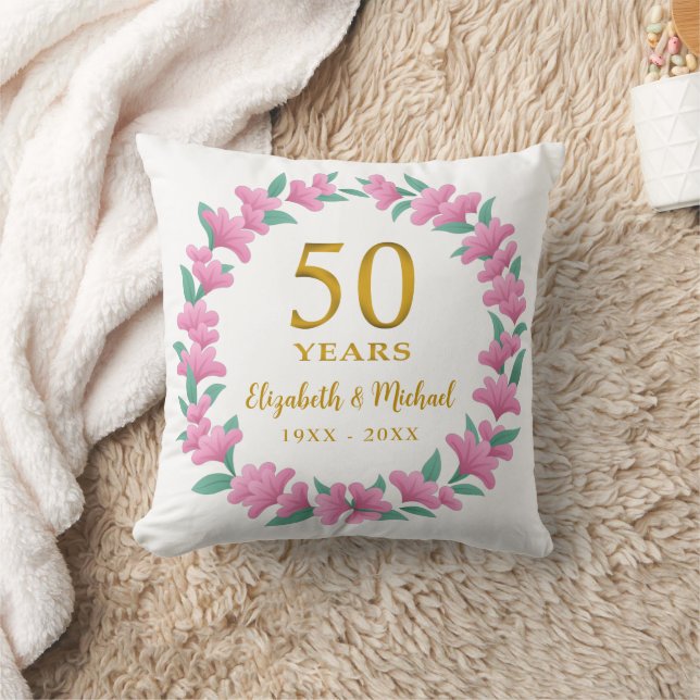 50th Wedding Anniversary Golden Pink Floral Wreath Cushion (Blanket)