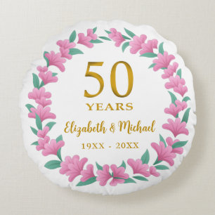 50th Wedding Anniversary Golden Pink Floral Wreath Round Cushion
