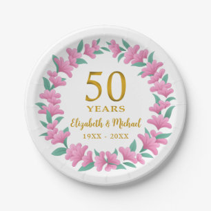 50th Wedding Anniversary Golden Pink Wreath Paper Plate