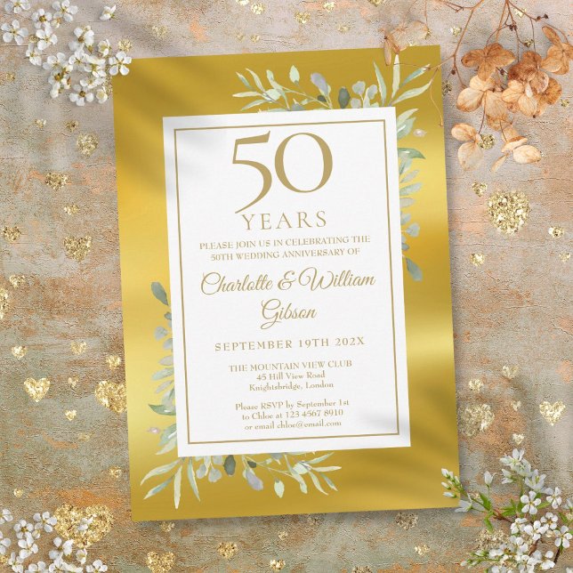 50th Wedding Anniversary Greenery Gold Foil Invitation (50th Wedding Anniversary Greenery Gold Foil Invitation)