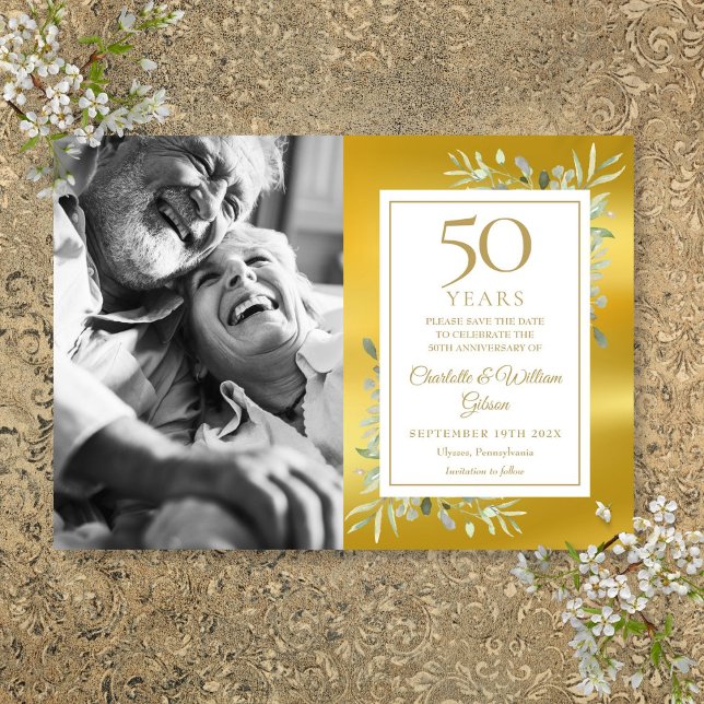 50th Wedding Anniversary Greenery Gold Foil Photo Save The Date (50th Wedding Anniversary Greenery Gold Foil Photo Save The Date)