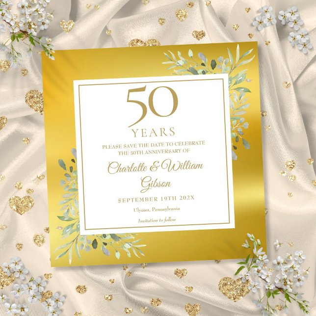 50th Wedding Anniversary Greenery Gold Foil Square Save The Date (50th Wedding Anniversary Greenery Gold Foil Square Save The Date)