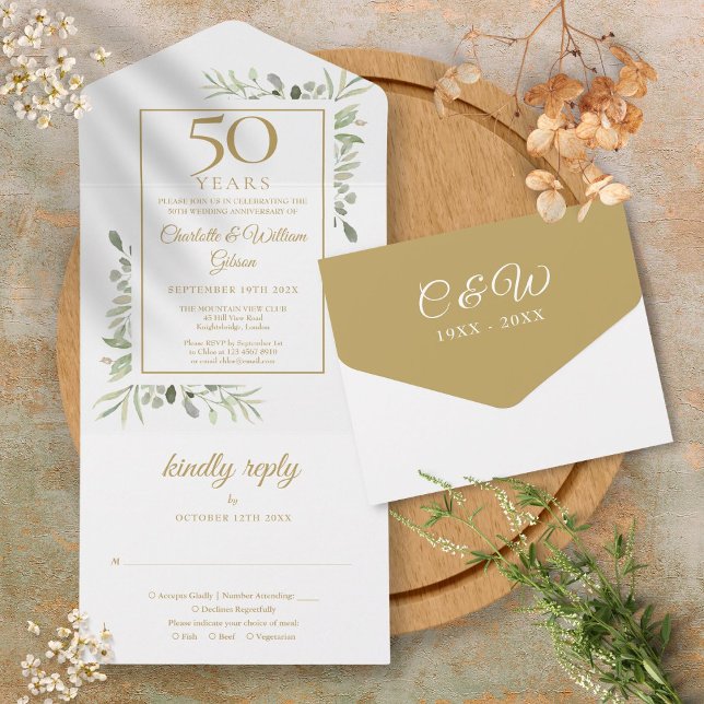 50th Wedding Anniversary Greenery Gold Monogram  All In One Invitation (50th Wedding Anniversary Greenery Gold Monogram All In One Invitation)