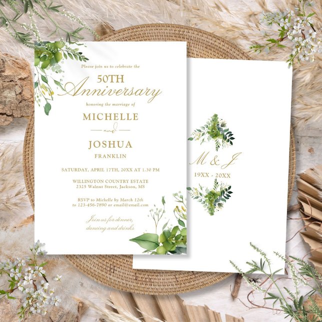 50th Wedding Anniversary Greenery Gold Monogram Invitation (50th Wedding Anniversary Greenery Gold Monogram Invitation)