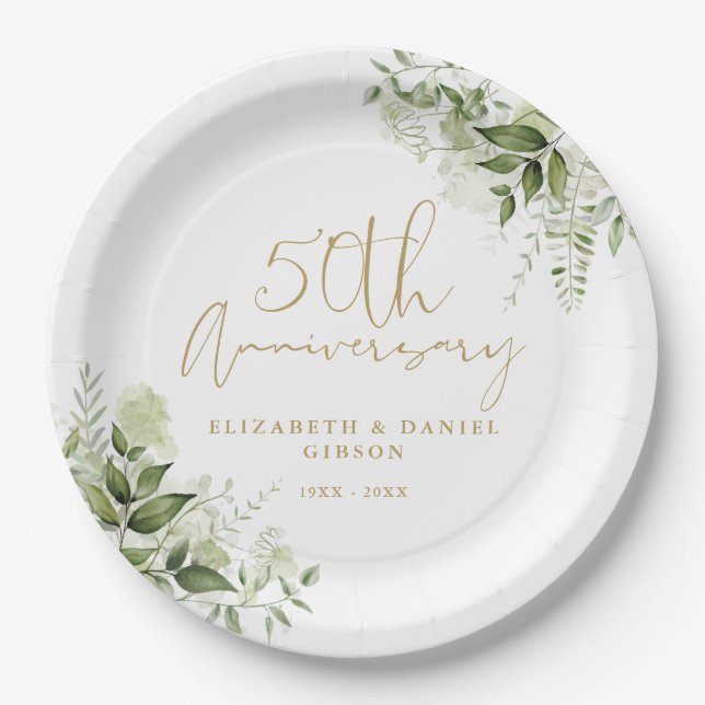 50th Wedding Anniversary Greenery Gold Script Paper Plate (Front)