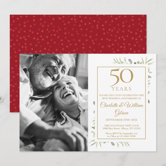 50th Wedding Anniversary Greenery Love Heart Photo Invitation (Front/Back)