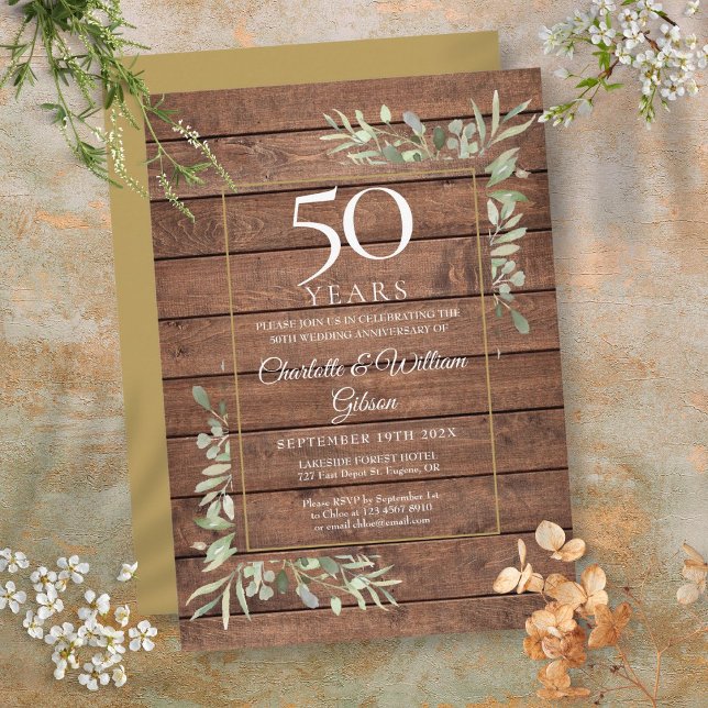 50th Wedding Anniversary Greenery Rustic Wood Invitation (50th Wedding Anniversary Greenery Rustic Wood Invitation)