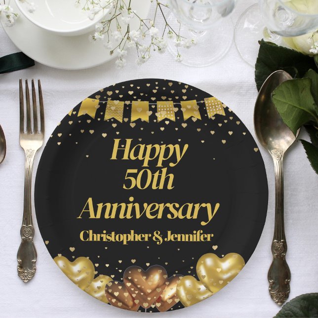 50th wedding Anniversary Happy Black and Gold  Paper Plate (Creator Uploaded)