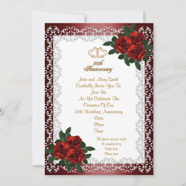 50th Wedding Anniversary invitation red roses (Front)