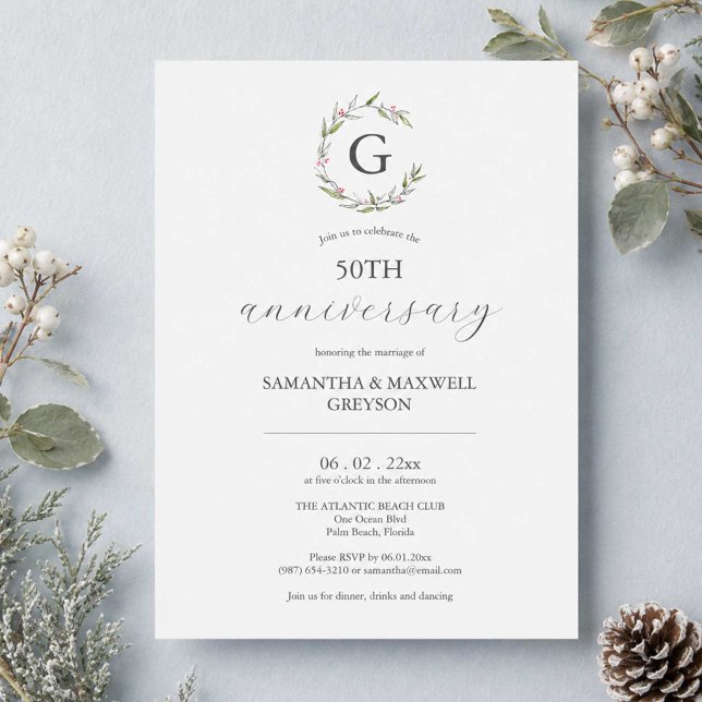 50th Wedding Anniversary Invitations Botanicals (505h wedding anniversary invitations template with hand drawn monogram by Do Tell A Belle)