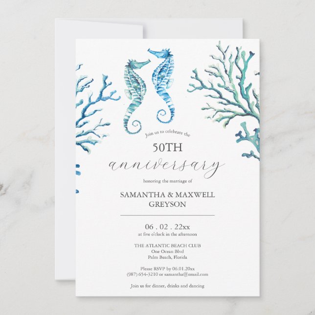 50th Wedding Anniversary Invitations Seahorses (Front)