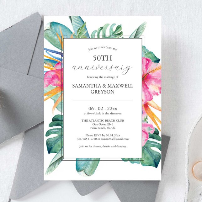 50th Wedding Anniversary Invitations Tropical (50th anniversary wedding anniversary invitations watercolor  tropical flowers and palm leaves)