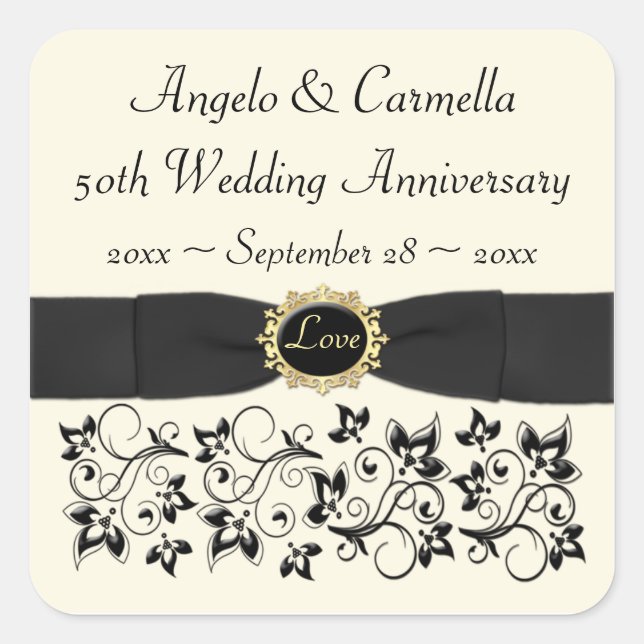 50th Wedding Anniversary Ivory Black Floral Square Sticker (Front)