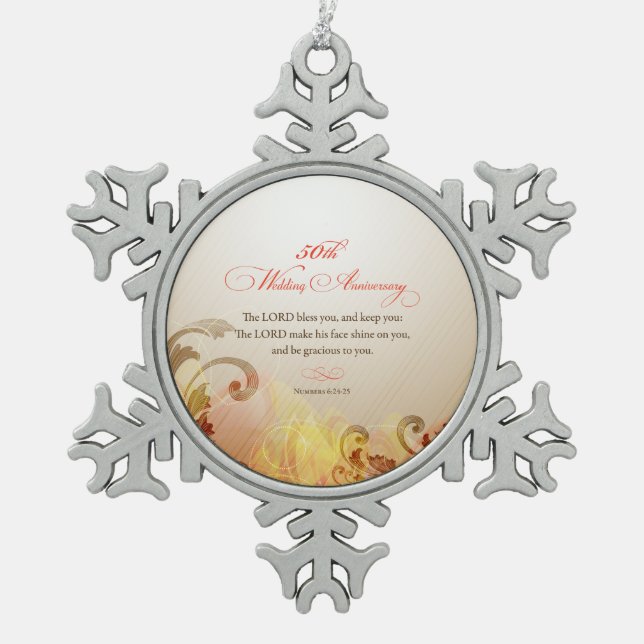 50th Wedding Anniversary, Lord Bless & Keep Snowflake Pewter Christmas Ornament (Front)