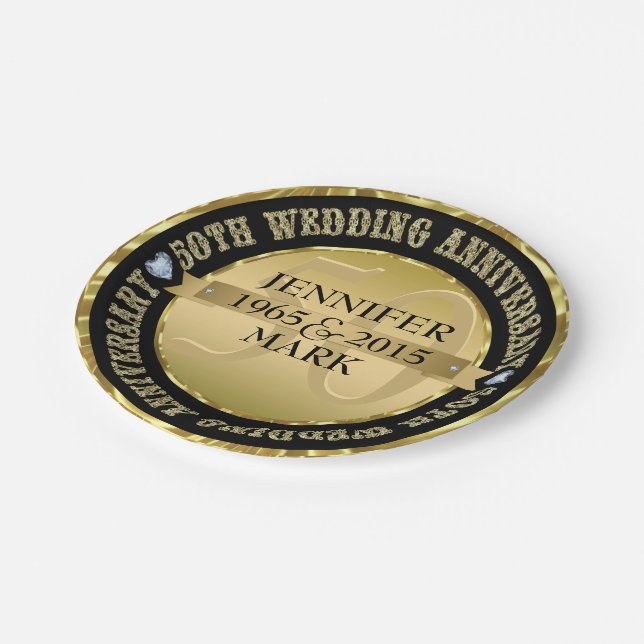 50Th Wedding Anniversary Metallic Gold & Black 2 Paper Plate (Angled)