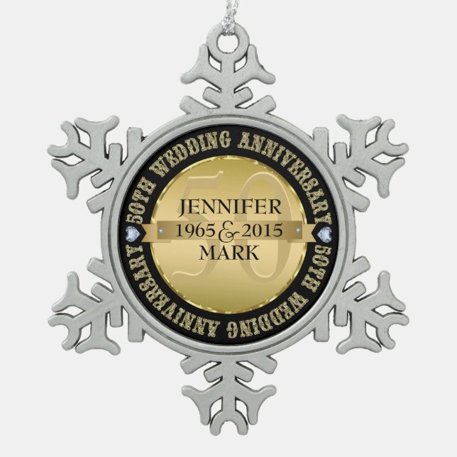 50Th Wedding Anniversary Metallic Gold & Black 2 Snowflake Pewter Christmas Ornament (Front)
