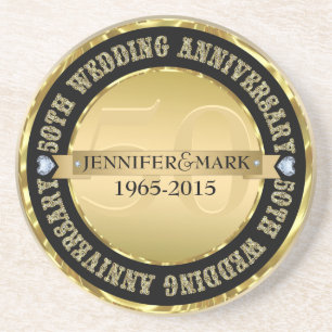 50Th Wedding Anniversary Metallic Gold & Black Coaster
