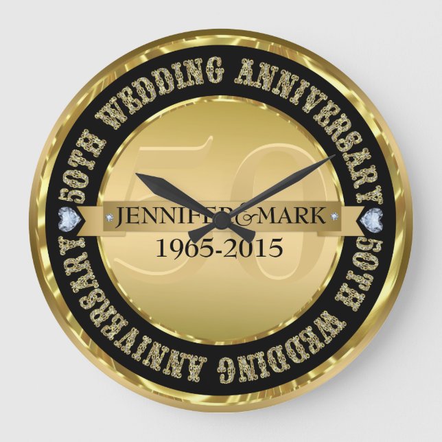 50Th Wedding Anniversary Metallic Gold & Black Large Clock (Front)