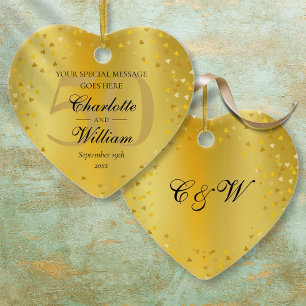 50th Wedding Anniversary Monogram Gold Hearts Ceramic Ornament
