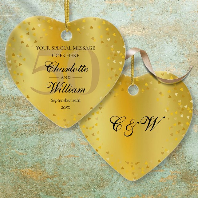 50th Wedding Anniversary Monogram Gold Hearts  Ceramic Ornament (50th Wedding Anniversary Monogram Gold Hearts Ceramic Ornament)