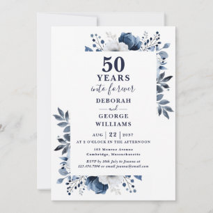 50th Wedding Anniversary Navy Blue Floral Monogram Invitation