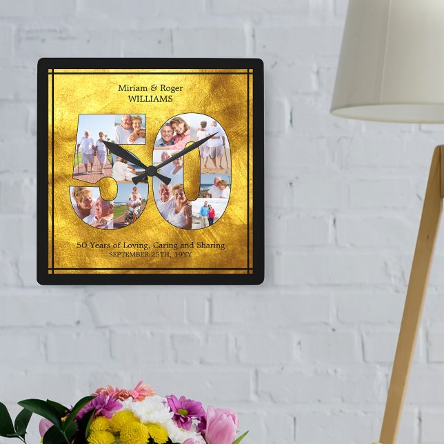 50th Wedding Anniversary Number 50 Photo Collage Square Wall Clock (50th wedding anniversary clock with your photos set into a number 50 for your golden wedding)