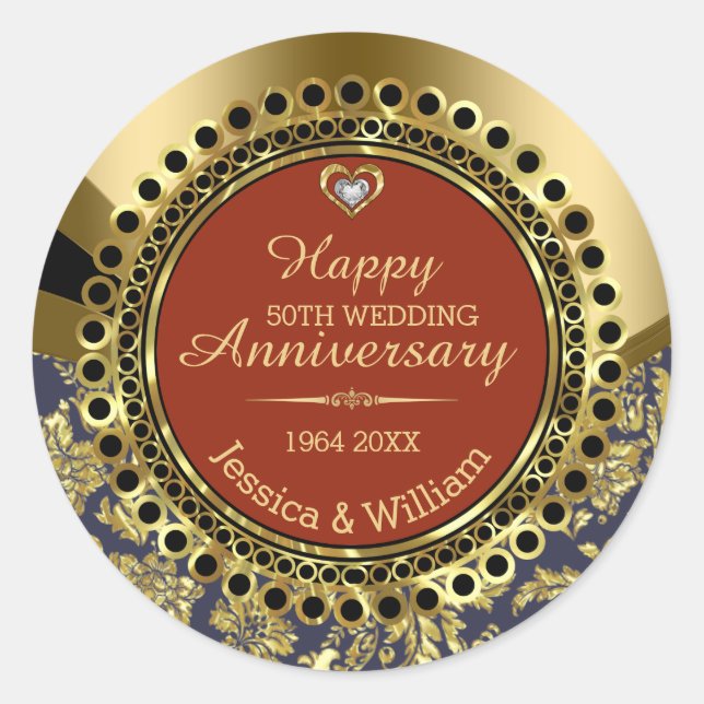 50th Wedding Anniversary Ornament Red & Gold Classic Round Sticker (Front)