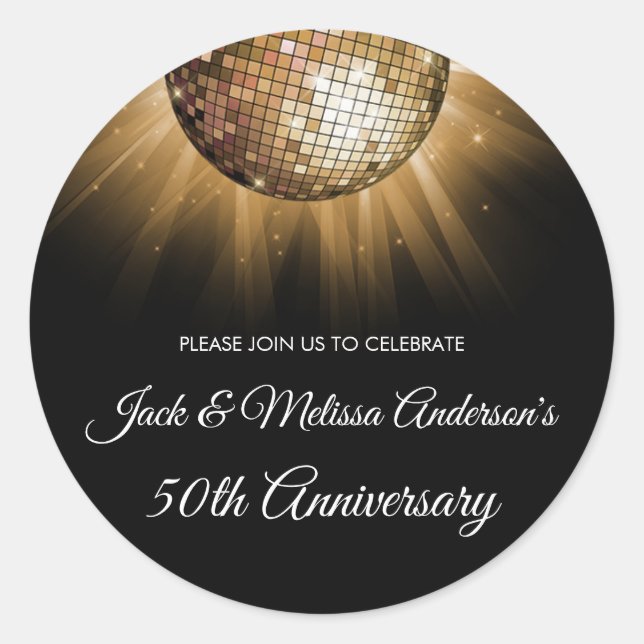 50th Wedding Anniversary Party Gold Disco Ball Classic Round Sticker (Front)