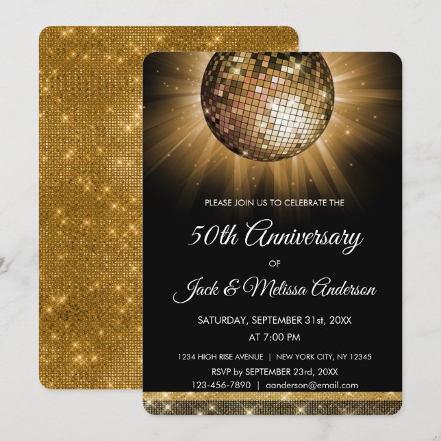 50th Wedding Anniversary Party Gold Disco Ball Invitation (Front/Back)