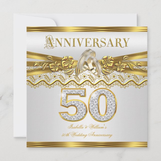 50th Wedding Anniversary Party Gold Rings White Invitation (Front)