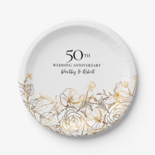 50th Wedding Anniversary Party Gold White Floral Paper Plate