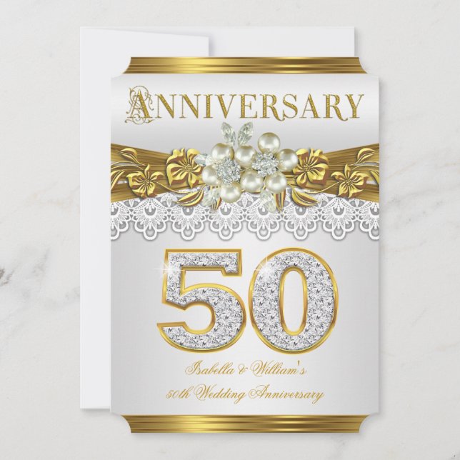 50th Wedding Anniversary Party Gold White Pearl Invitation (Front)