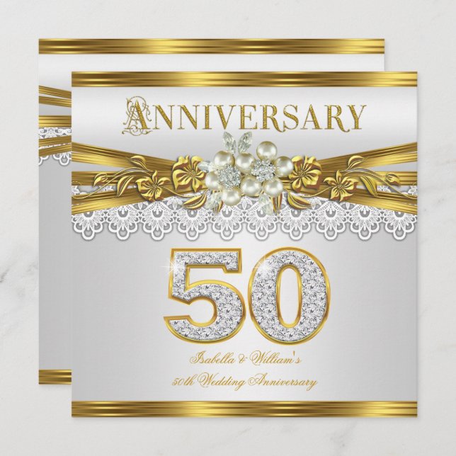 50th Wedding Anniversary Party Gold White Pearl Invitation (Front/Back)