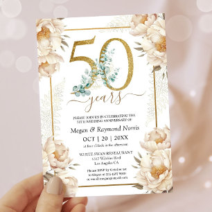 50th Wedding Anniversary Party Gold White Peony Invitation