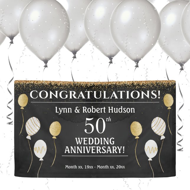 50th Wedding Anniversary Party Golden Banner (50th Wedding Anniversary, Gold, Black and White Banner)