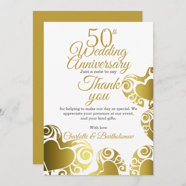 50th Wedding Anniversary Party Heart Thank You Card (Front/Back)