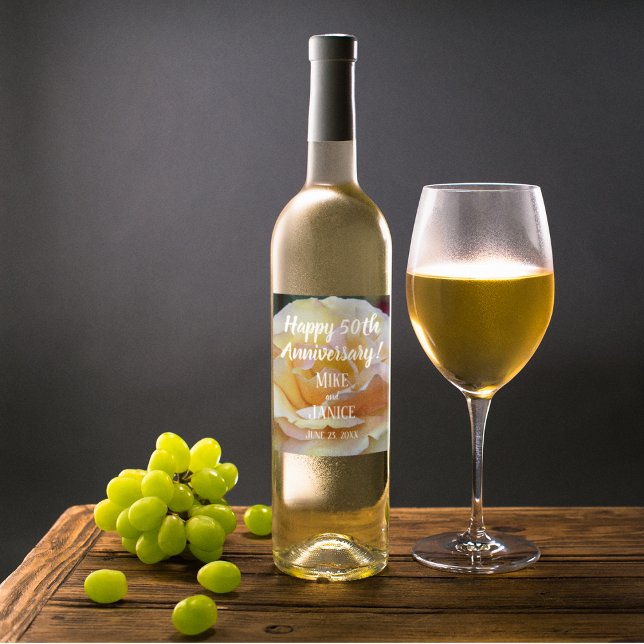 50th Wedding Anniversary Pastel Rose with Names Wine Label (In Situ Glass of Wine)
