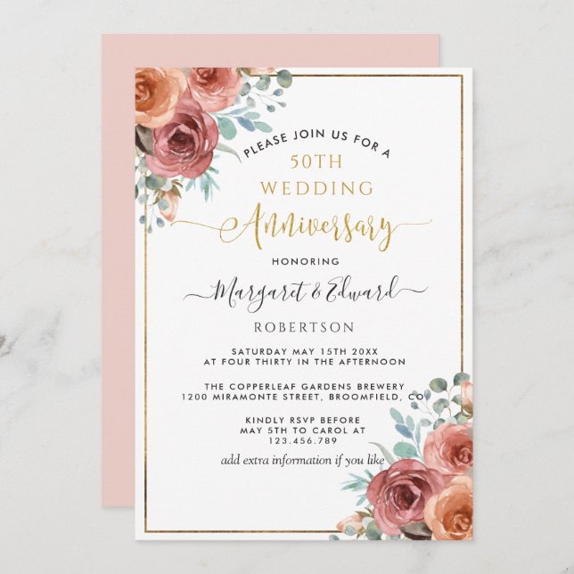 50th Wedding Anniversary, Peach and Mint Floral Invitation (Front/Back)