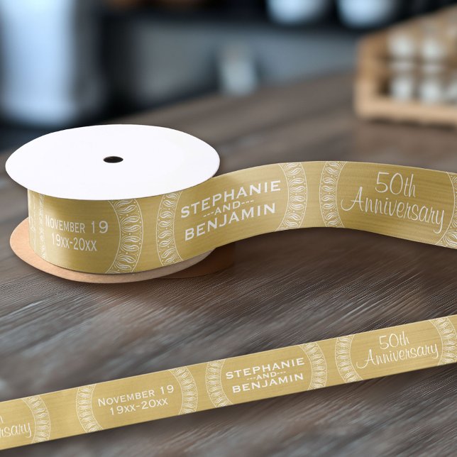 50th Wedding Anniversary Personalised gold Satin Ribbon (Custom Wedding Anniversary Ribbon)