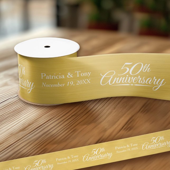 50th Wedding Anniversary Personalised Golden Satin Ribbon (Custom Wedding Anniversary Ribbon)