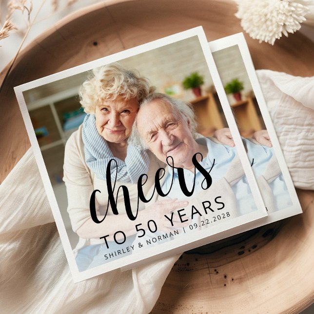 50th Wedding Anniversary Photo Black Script Cheers Napkin (Creator Uploaded)