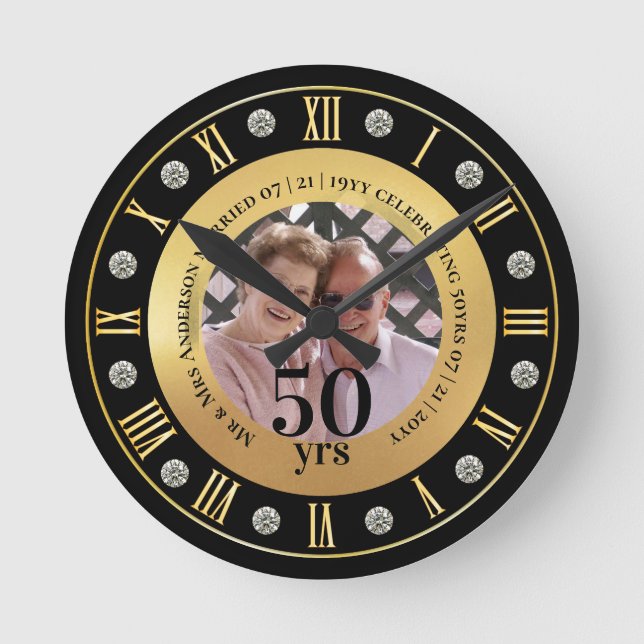 50th Wedding Anniversary PHOTO Gift Golden Jubilee Round Clock (Front)