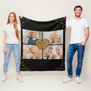 50th Wedding Anniversary Photo Gold Glitter Heart Fleece Blanket