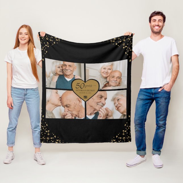 50th Wedding Anniversary Photo Gold Glitter Heart Fleece Blanket (In Situ)