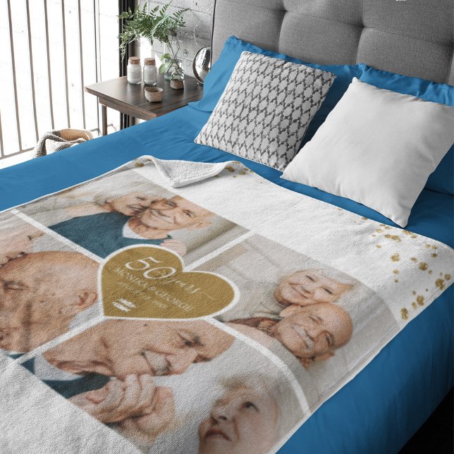 50th Wedding Anniversary Photo Gold Glitter Heart Fleece Blanket (Elegant 50th Anniversary Photo Gold White Glitter Heart Fleece Blanket)