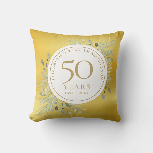 50th Wedding Anniversary Photo Greenery Gold Foil Cushion (Front)