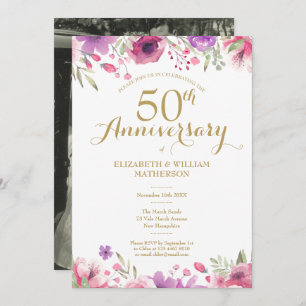 50th Wedding Anniversary Photo Watercolor Roses Invitation